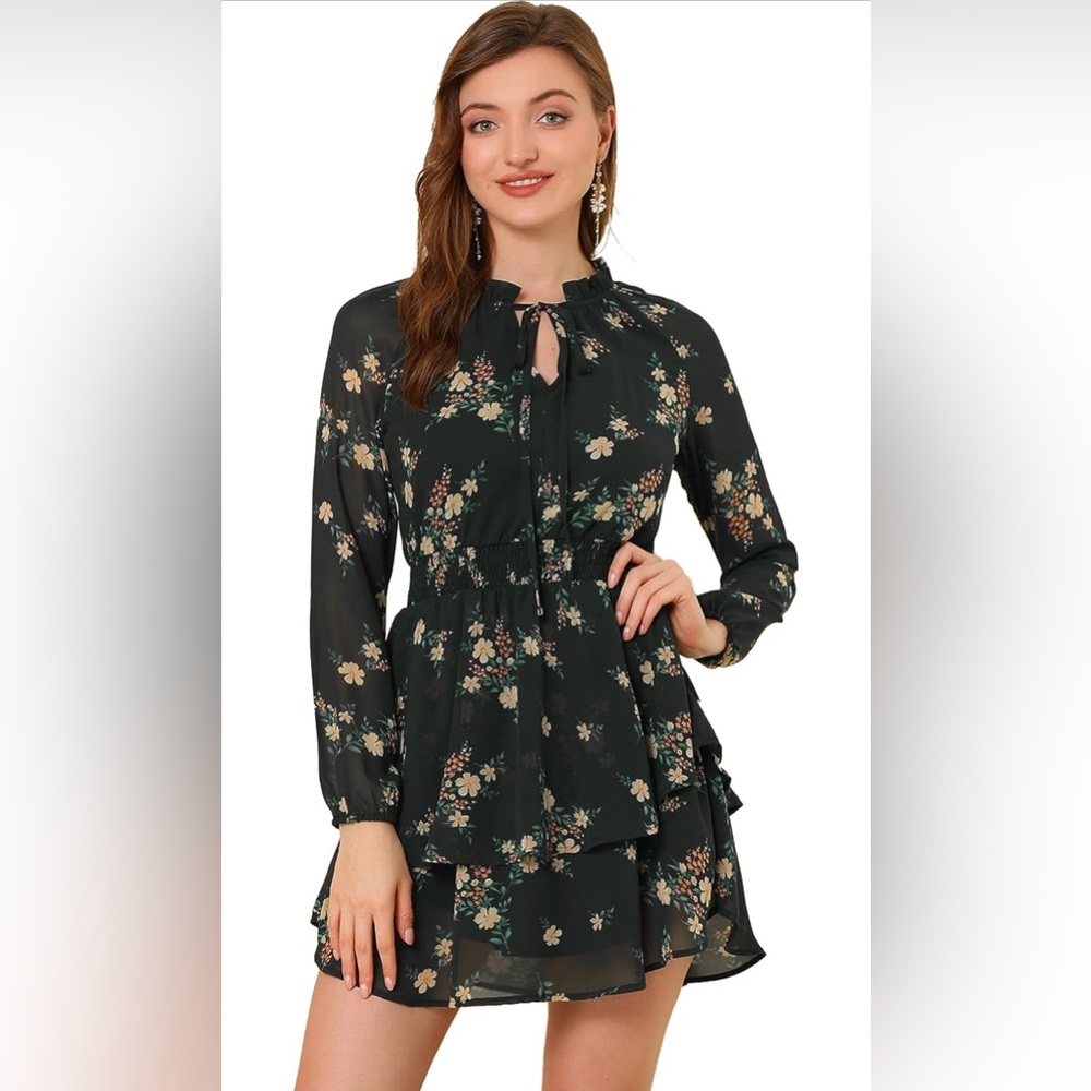 Allegra K Women's Ruffled Floral Smocked Waist Layered Tiered Chiffon Dress